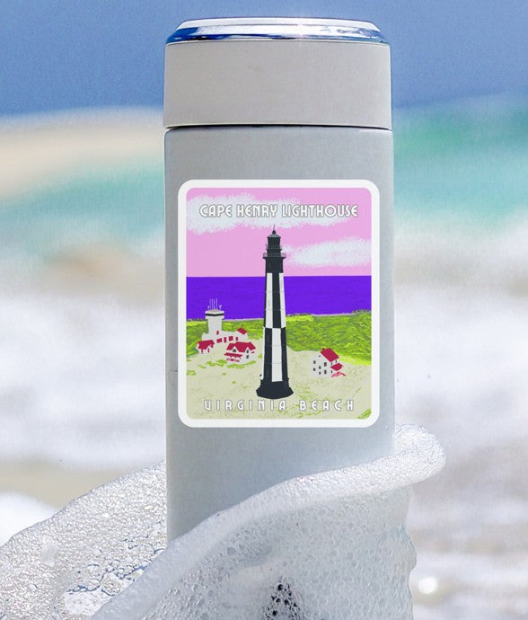 Tumbler with Cape Henry Lighthouse sticker on a beach