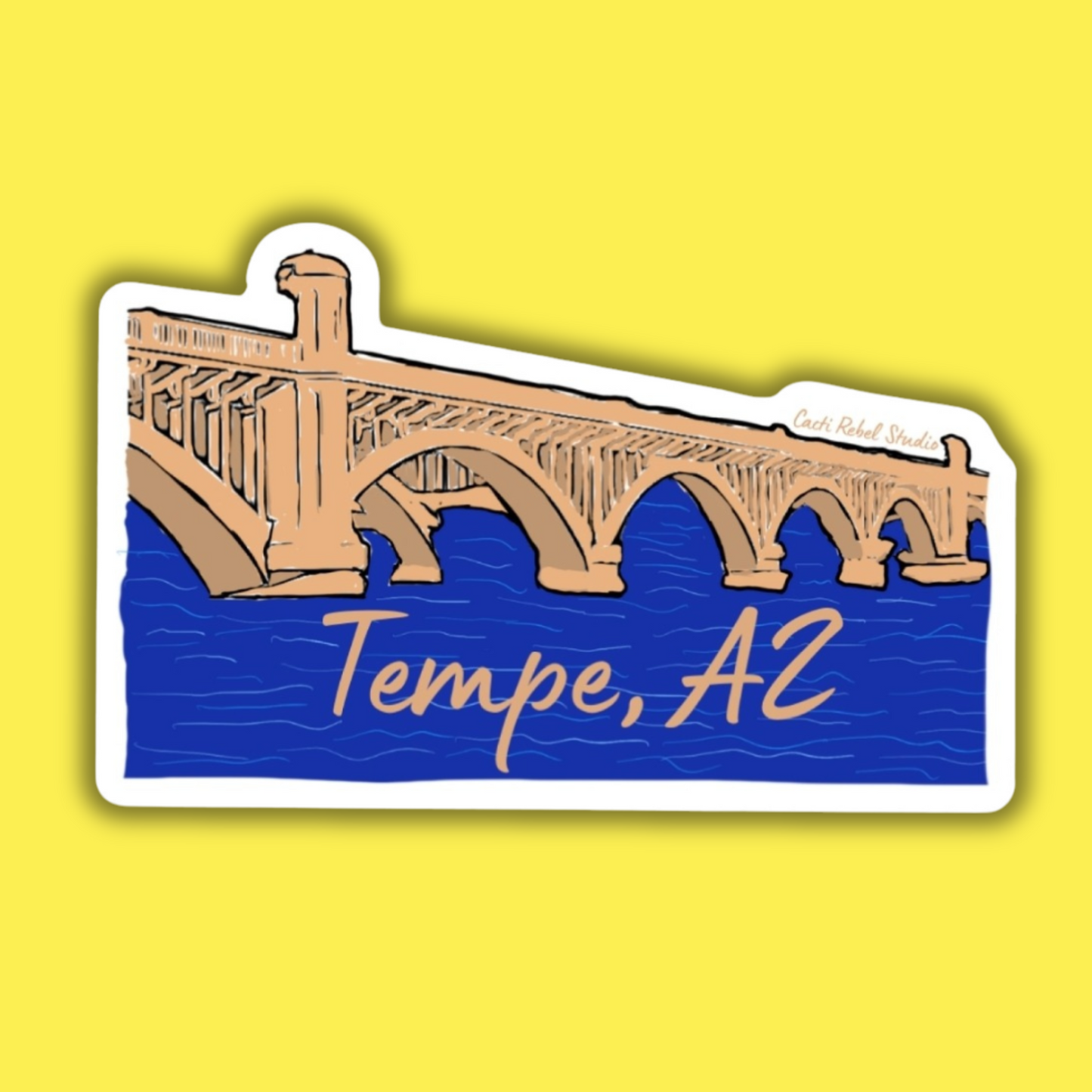 Sticker with a bridge design and 'Tempe, AZ' text on a yellow background