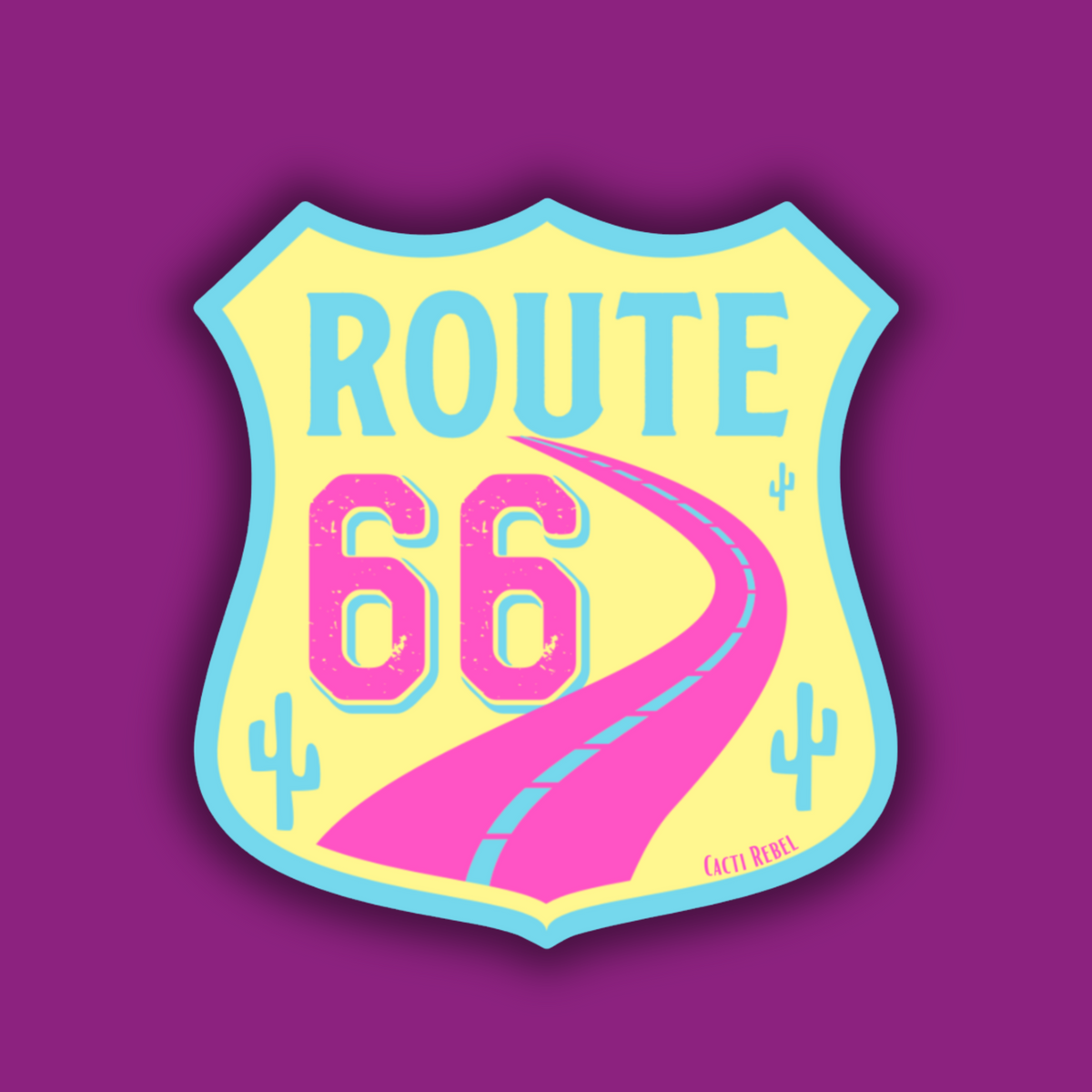 Route 66 emblem with pink road and yellow background on a purple background