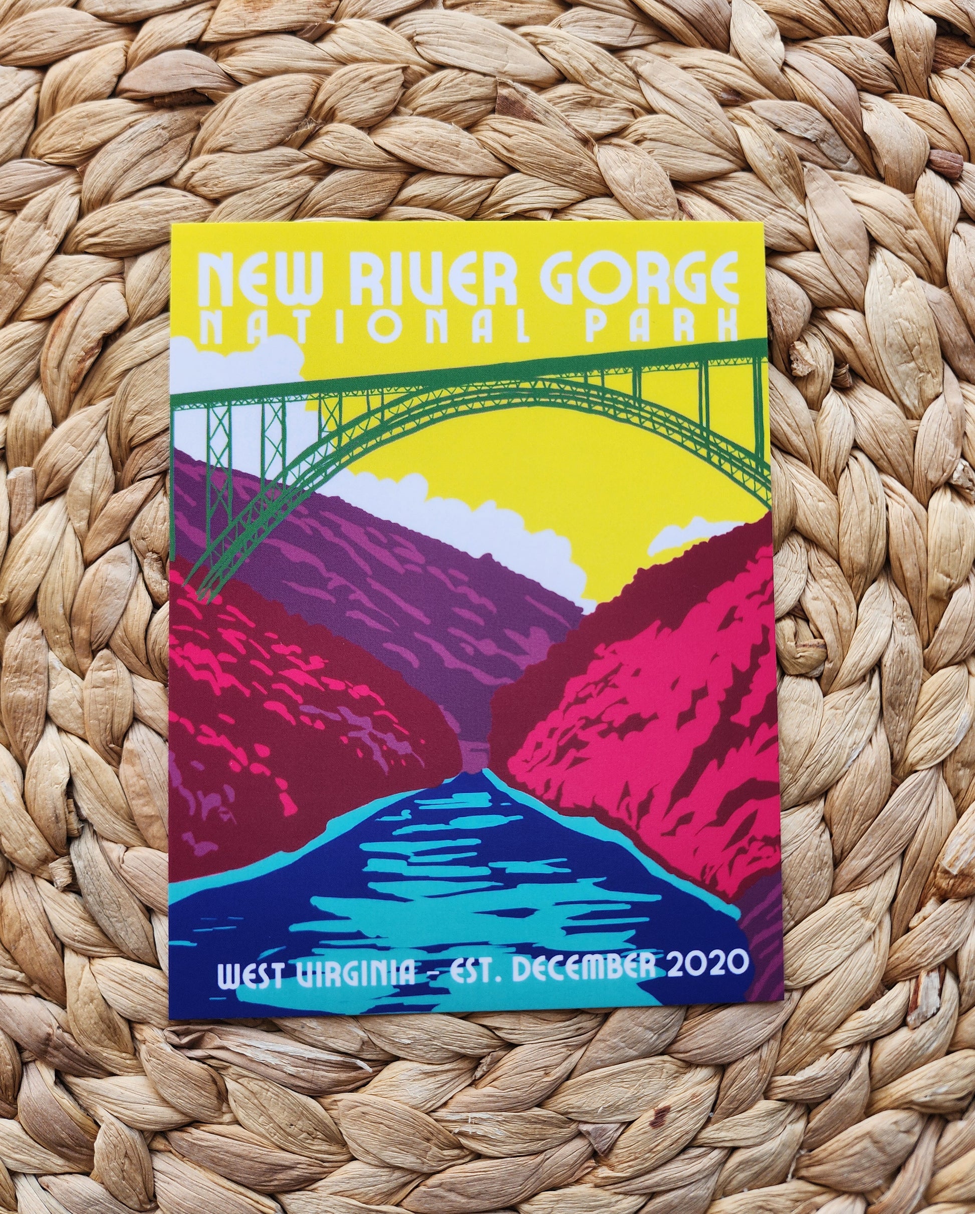 Colorful poster of New River Gorge National Park on a woven surface
