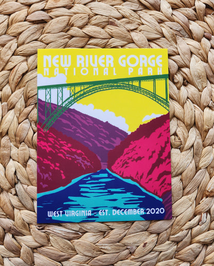 Colorful poster of New River Gorge National Park on a woven surface