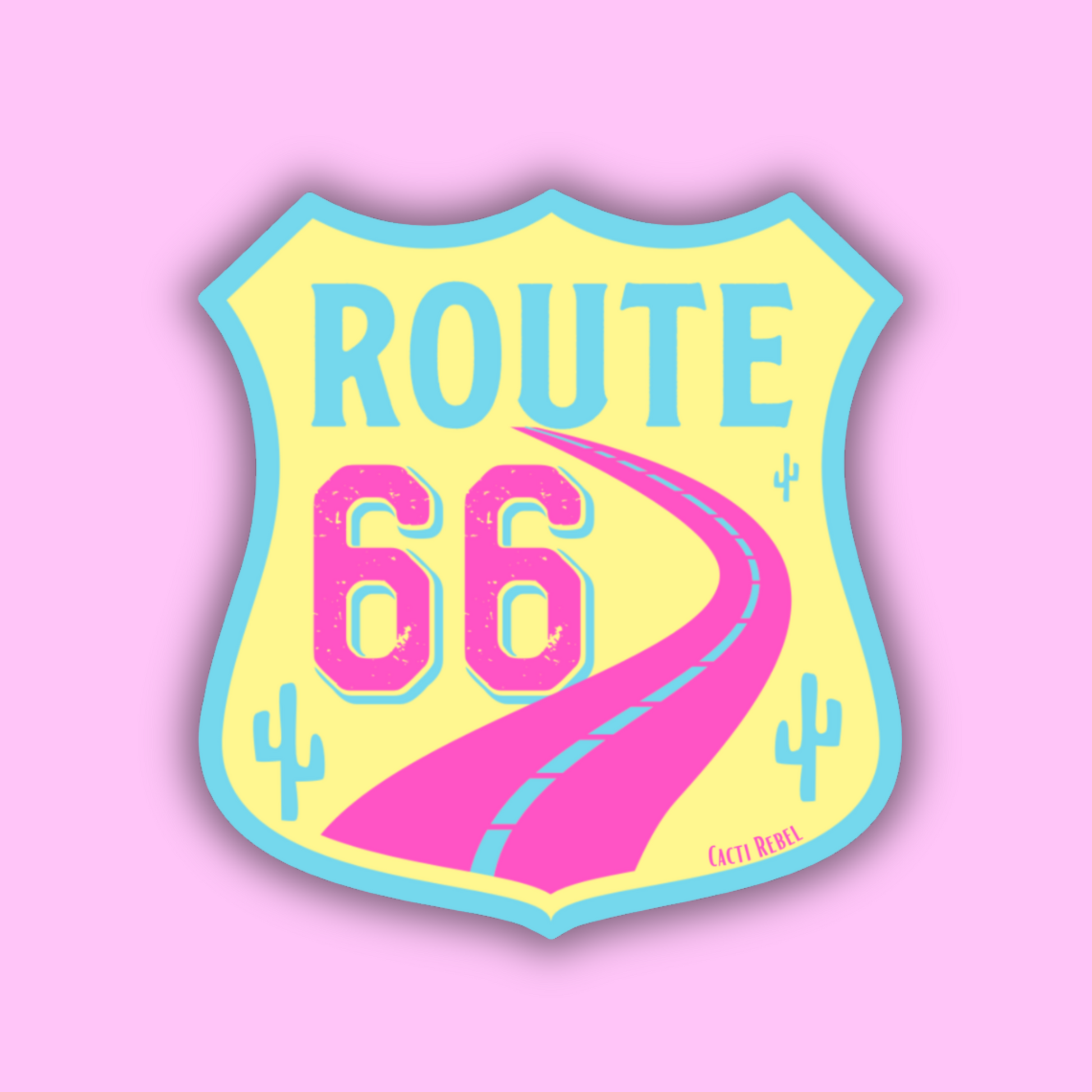 Route 66 emblem with pink road and yellow background on a pink background