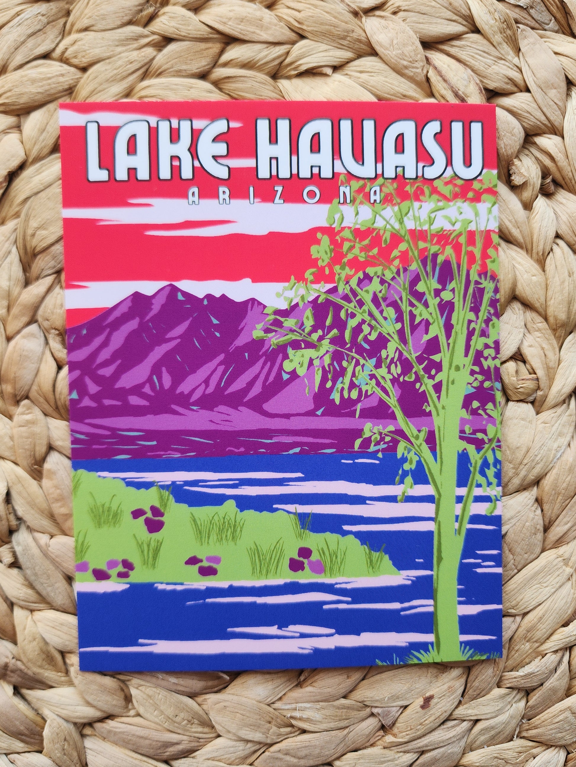 Colorful illustration of Lake Havasu, Arizona on a woven mat background