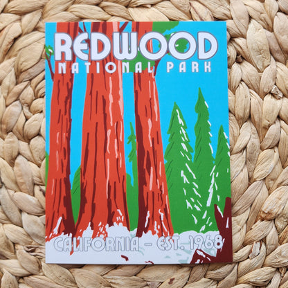 Postcard of Redwood National Park on a woven mat