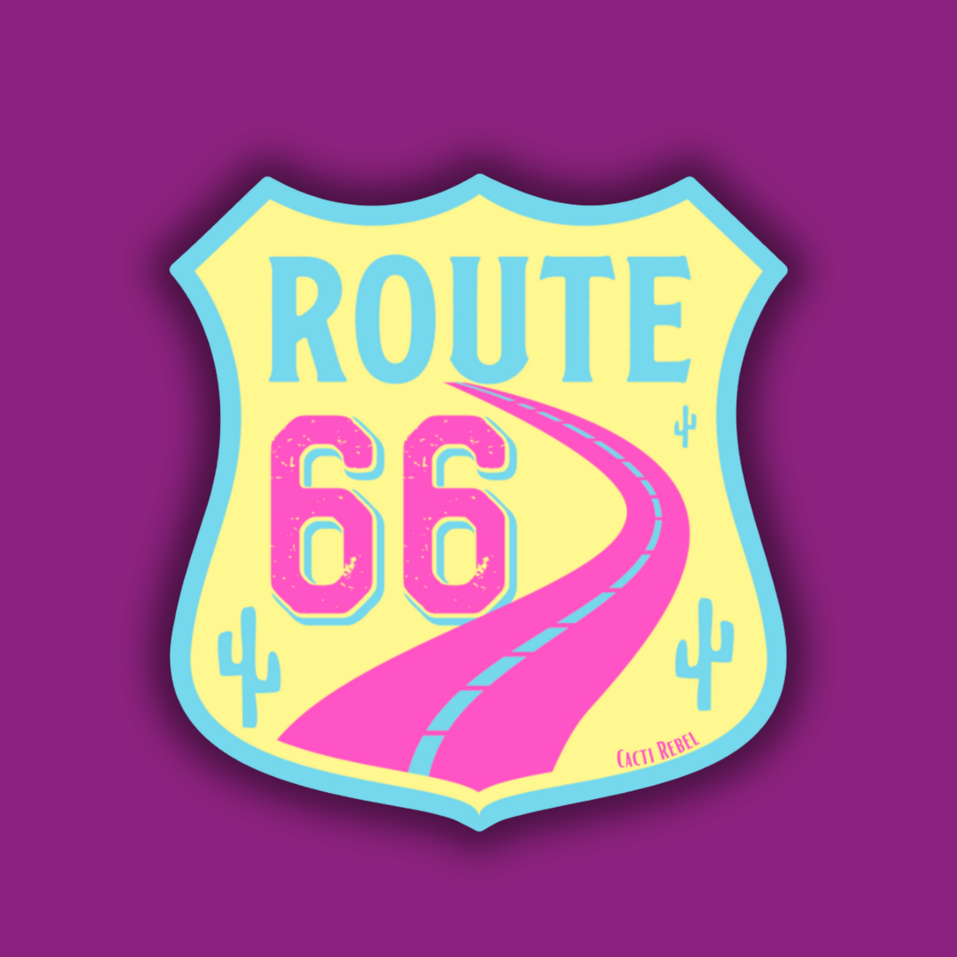 Route 66 emblem with pink road and yellow background on a purple background